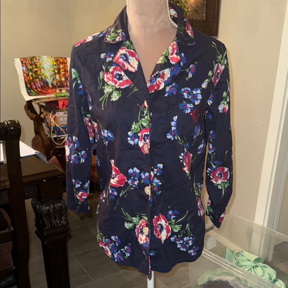 Lauren Ralph Lauren Fitted Blue and Pink Button Down with Notched Collar